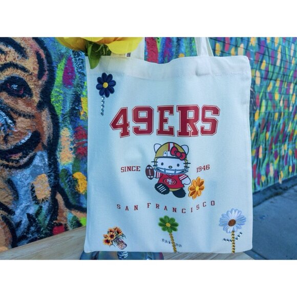 SAN FRANCISCO Kawaii Football Canvas Tote Bag - Handmade With Rhinestone Accents - Picture 1 of 9